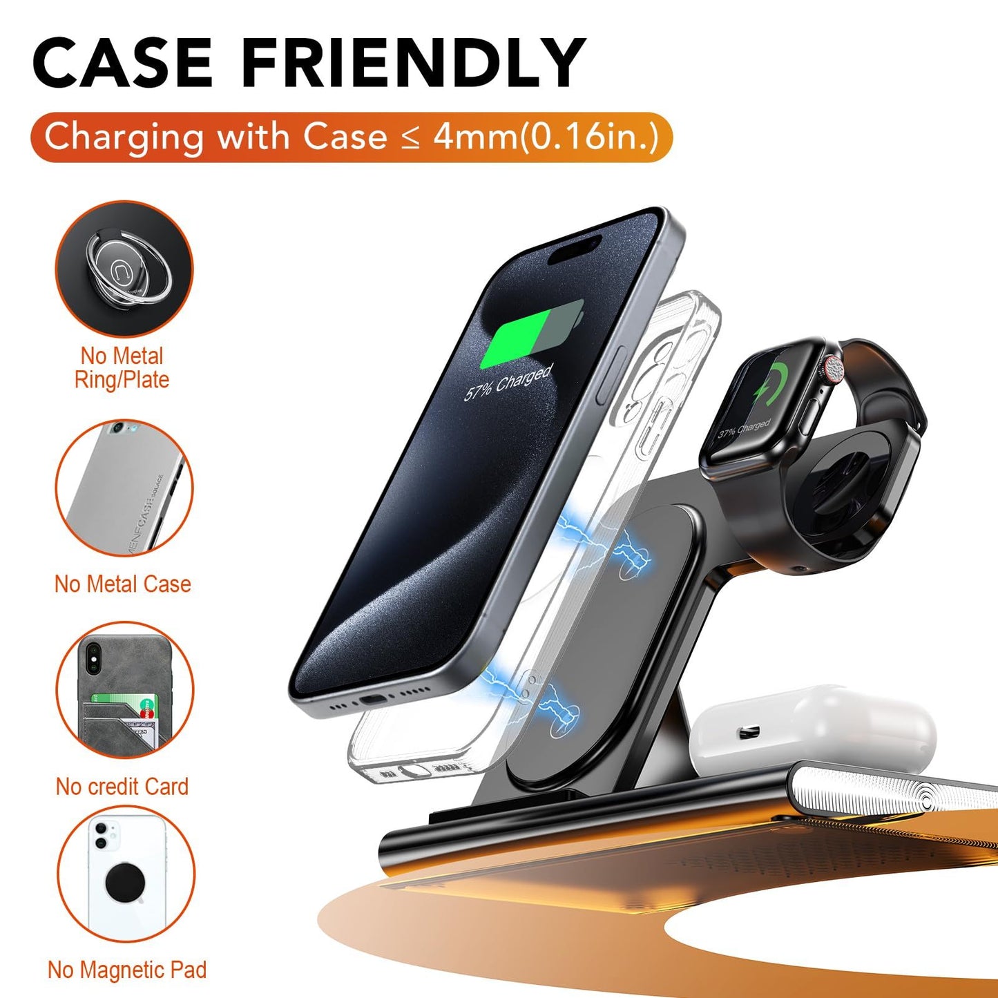 Wireless Charging Station 4-in-1 – Foldable Fast 15W Charger with LED Night Light for Apple Devices