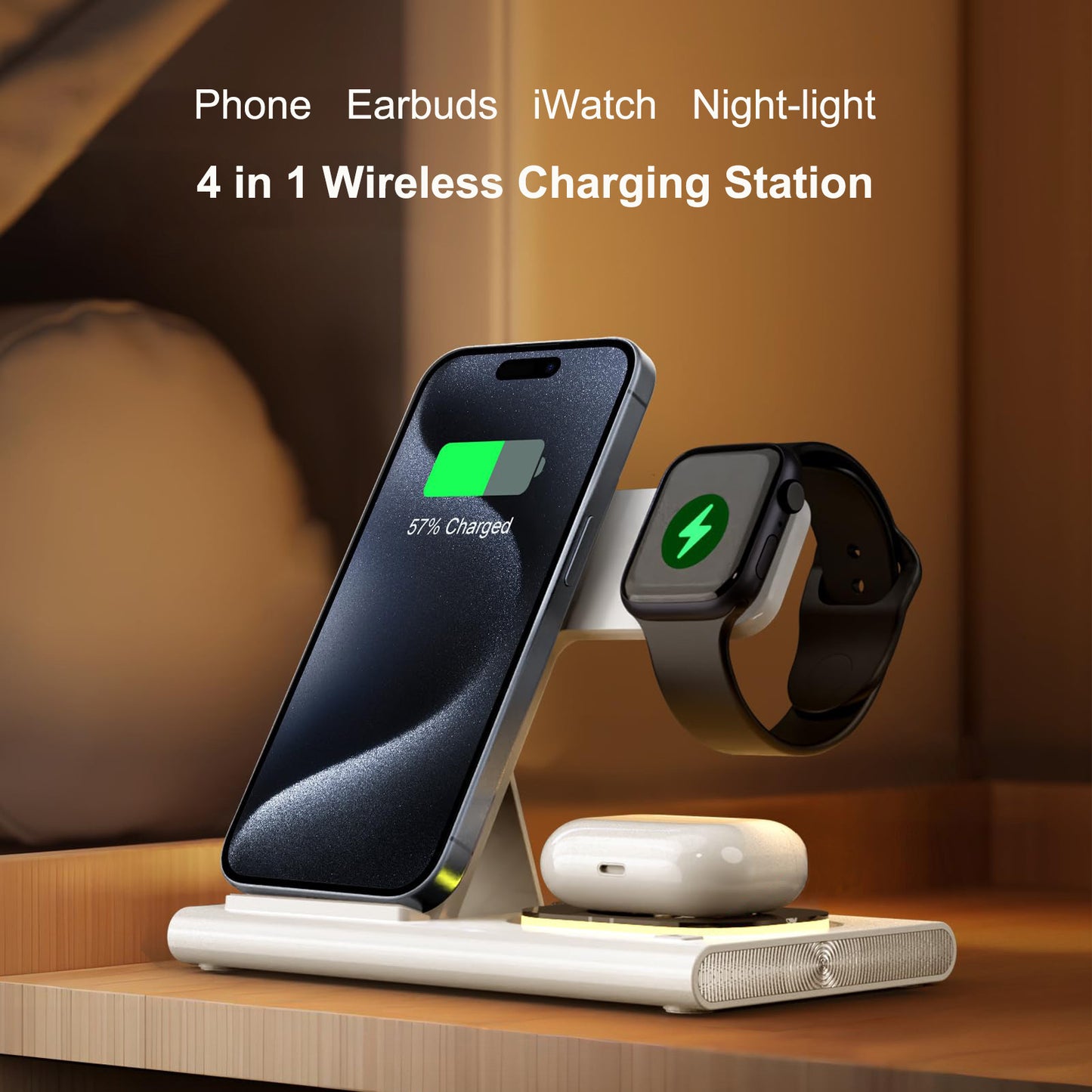 Wireless Charging Station 4-in-1 – Foldable Fast 15W Charger with LED Night Light for Apple Devices