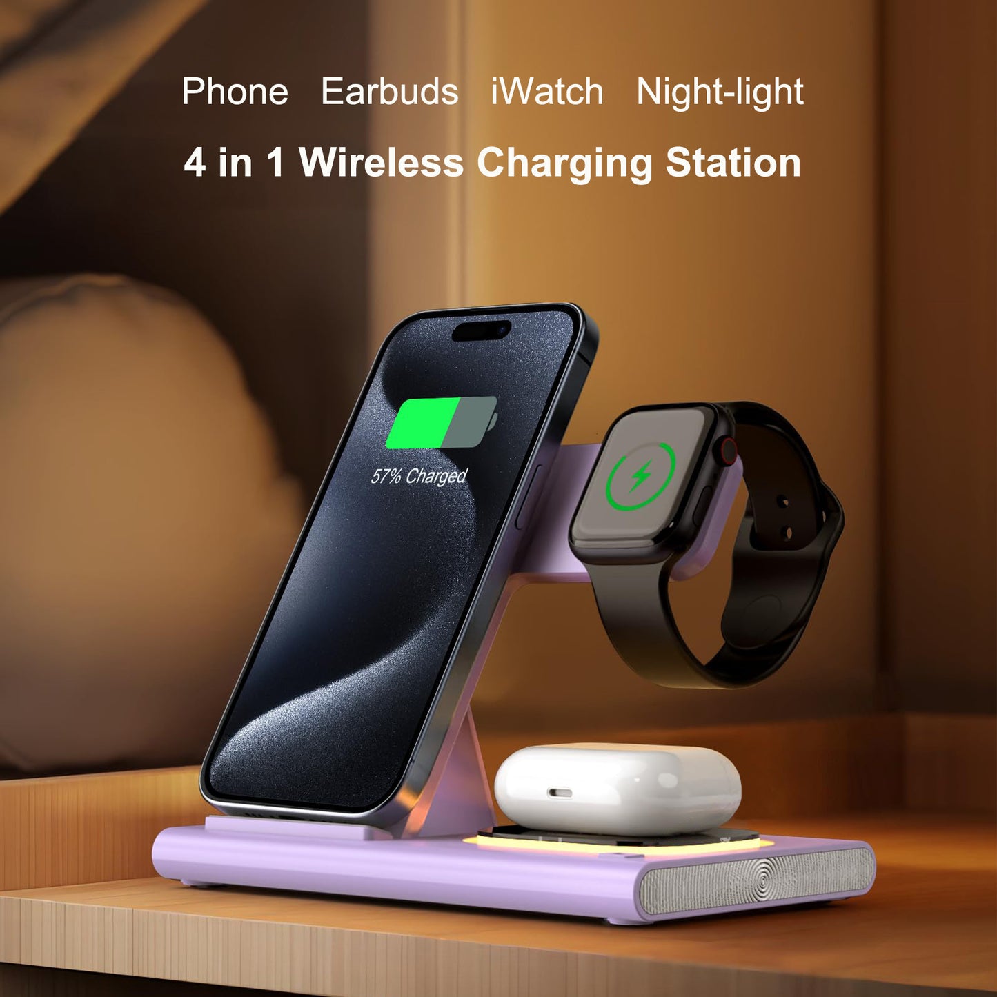 Wireless Charging Station 4-in-1 – Foldable Fast 15W Charger with LED Night Light for Apple Devices