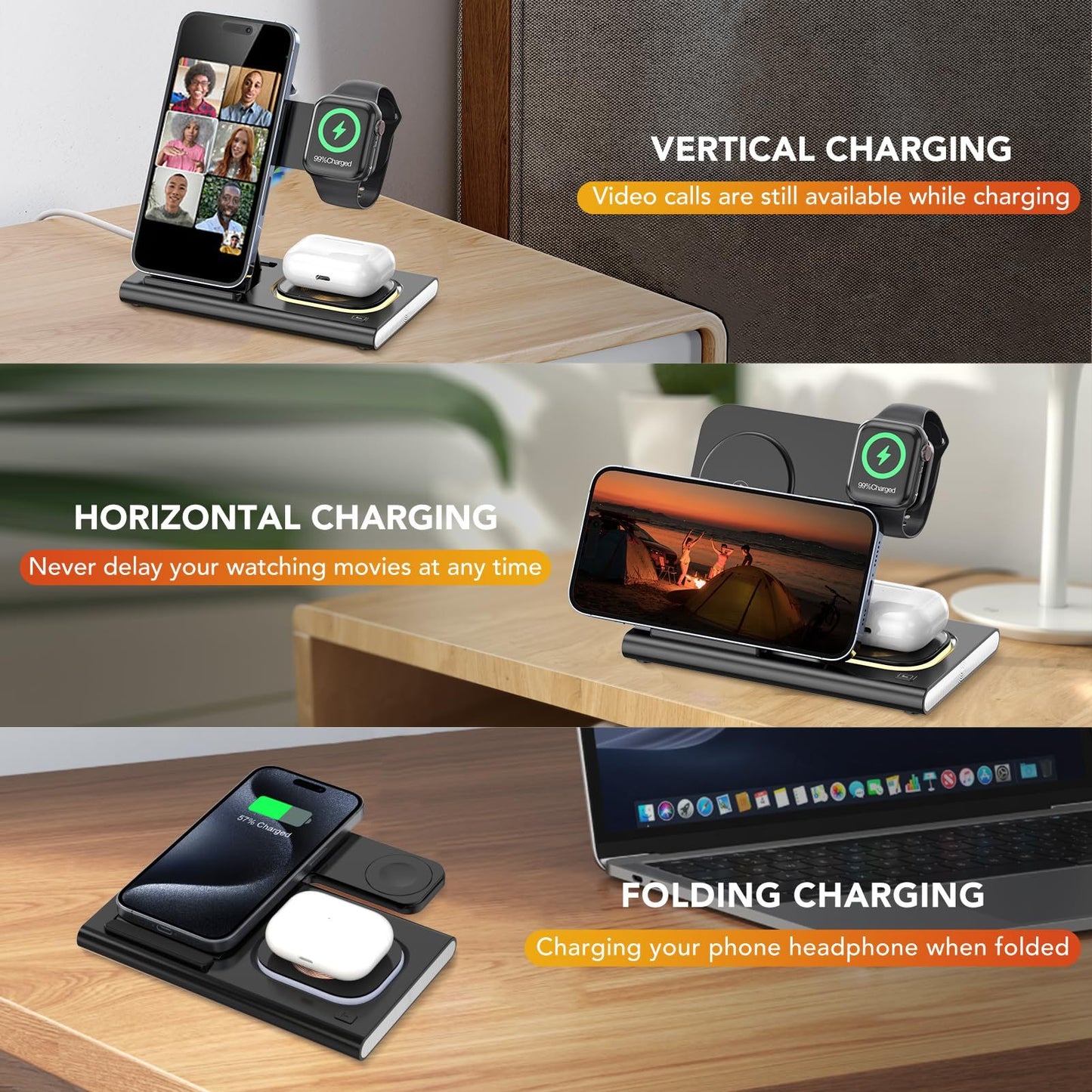 Wireless Charging Station 4-in-1 – Foldable Fast 15W Charger with LED Night Light for Apple Devices