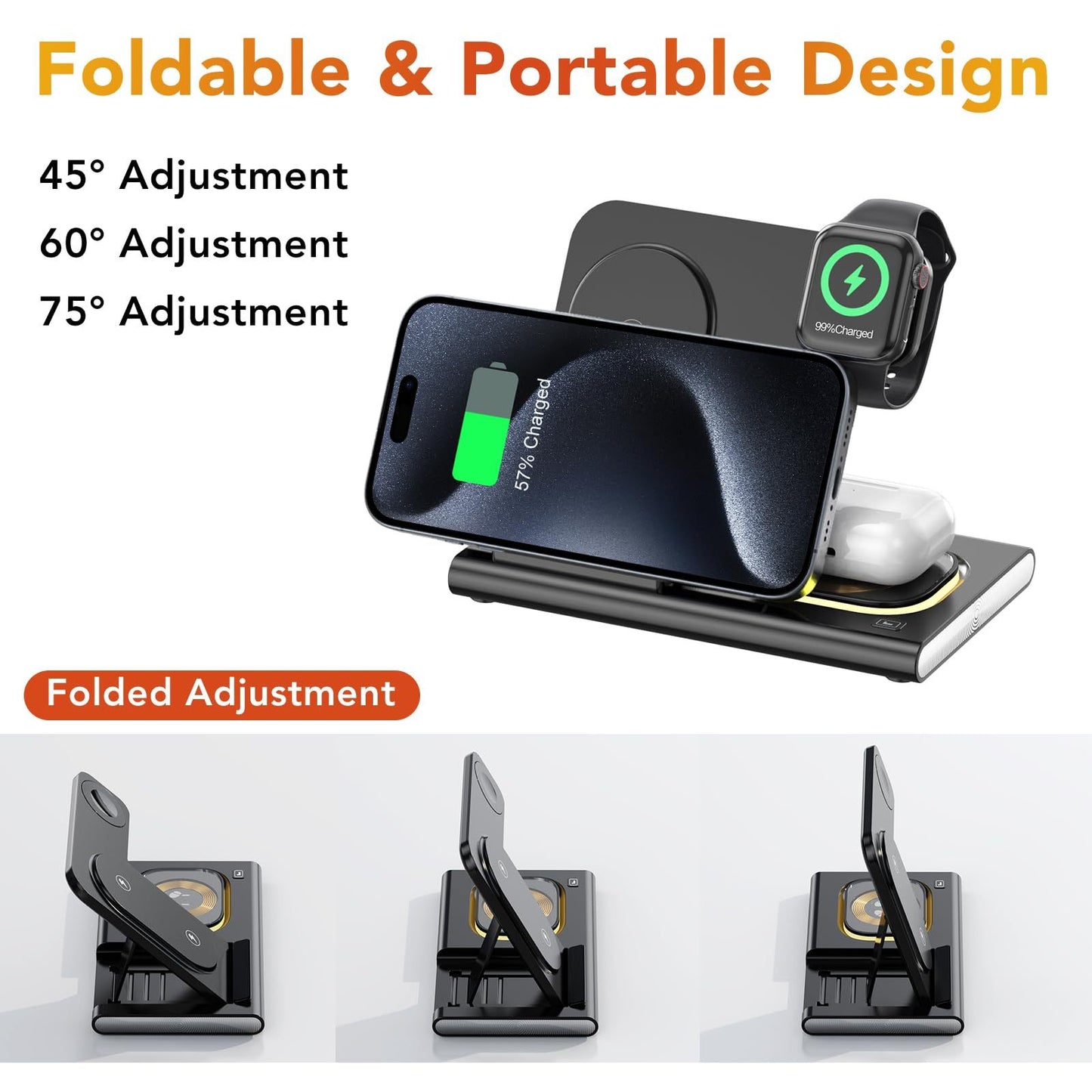 Wireless Charging Station 4-in-1 – Foldable Fast 15W Charger with LED Night Light for Apple Devices