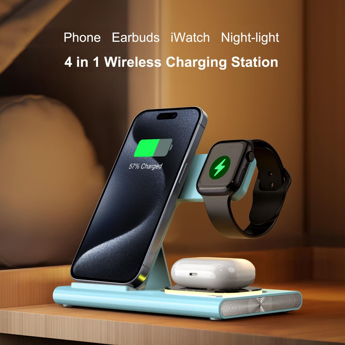 Wireless Charging Station 4-in-1 – Foldable Fast 15W Charger with LED Night Light for Apple Devices