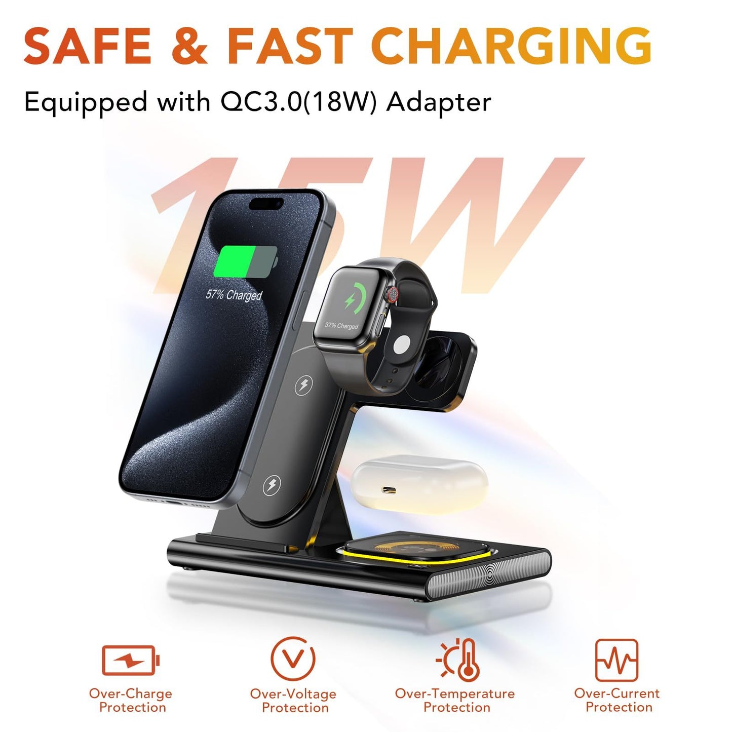 Wireless Charging Station 4-in-1 – Foldable Fast 15W Charger with LED Night Light for Apple Devices