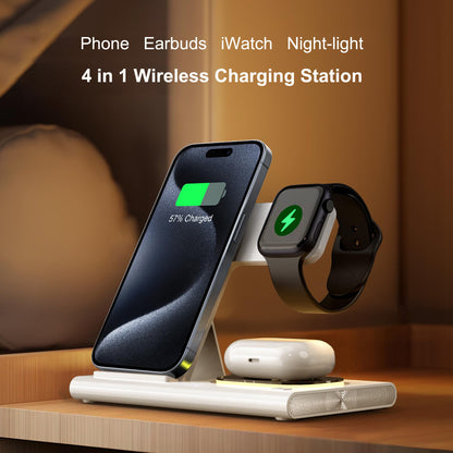 Wireless Charging Station 4-in-1 – Foldable Fast 15W Charger with LED Night Light for Apple Devices