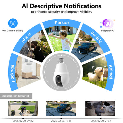 3MP HD Light Bulb Camera – 360° AI Motion Detection, WiFi Hidden Security Cam with E27 Plug