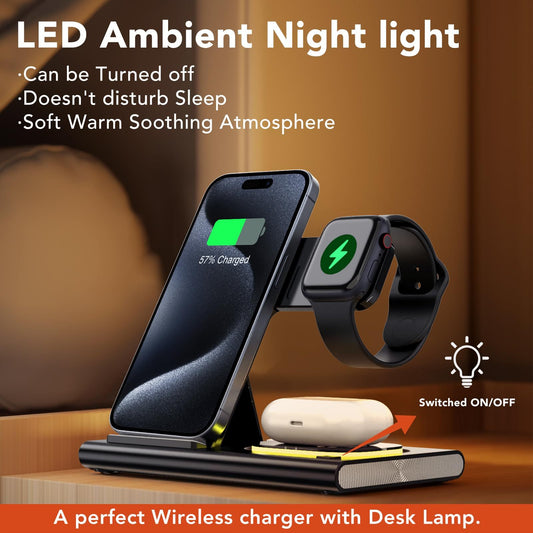 Wireless Charging Station 4-in-1 – Foldable Fast 15W Charger with LED Night Light for Apple Devices