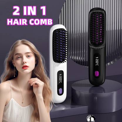 Cord-Free 2-in-1 Hair Straightener & Curler Brush – USB Charging, Fast Heating, Portable Design